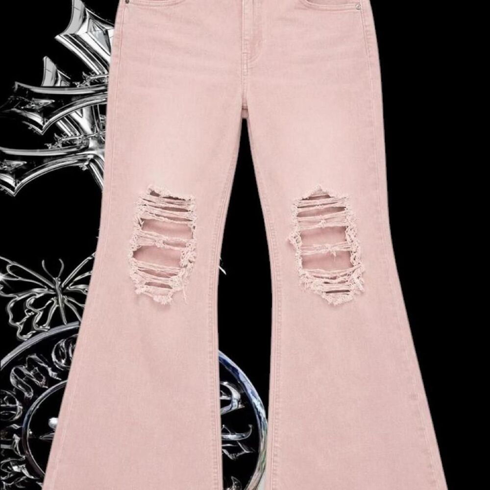 Flared pink distressed jeans